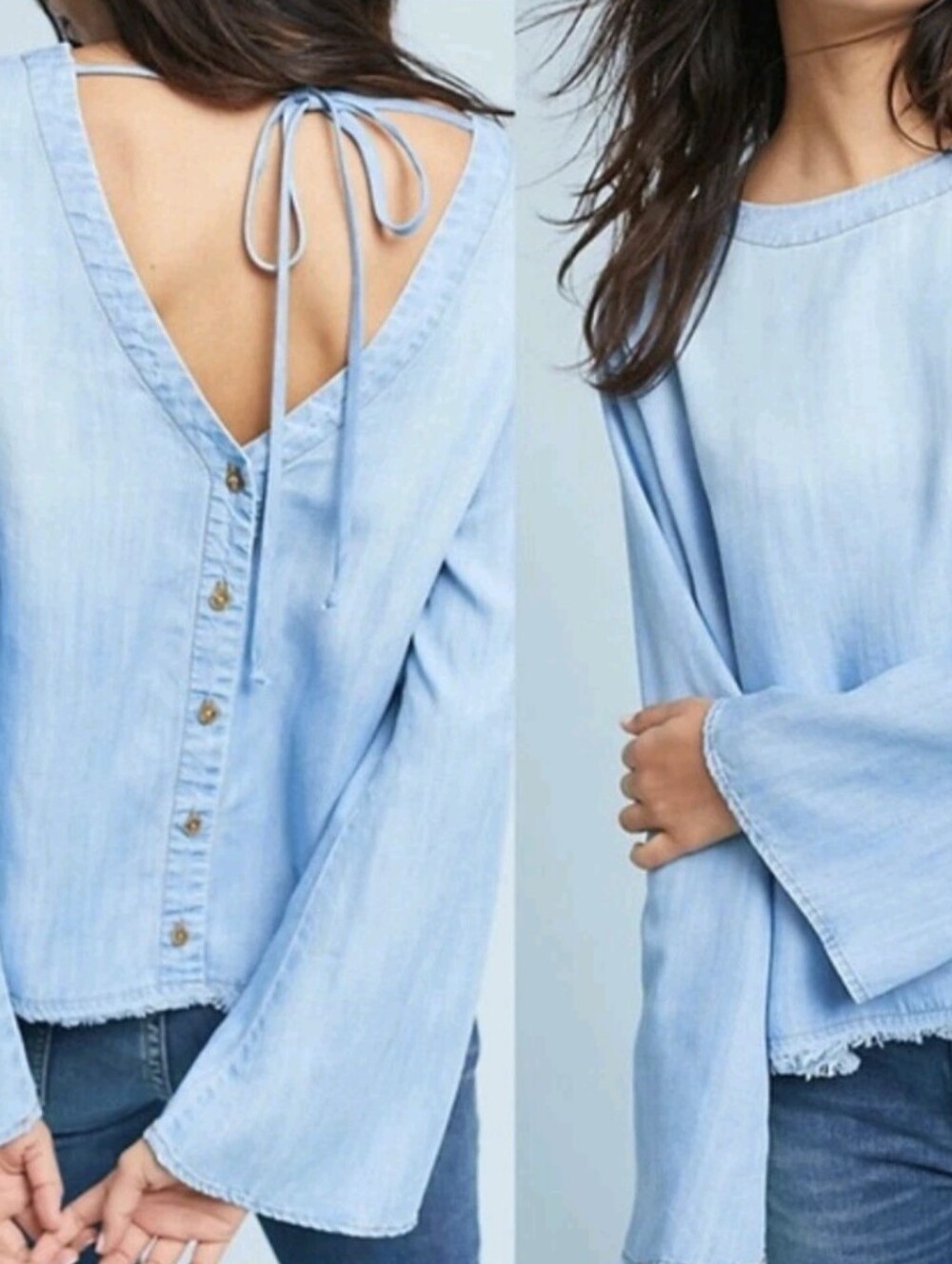 Cloth & Stone Womens Tencell Button Back Chambray Boho Top Size S Petite